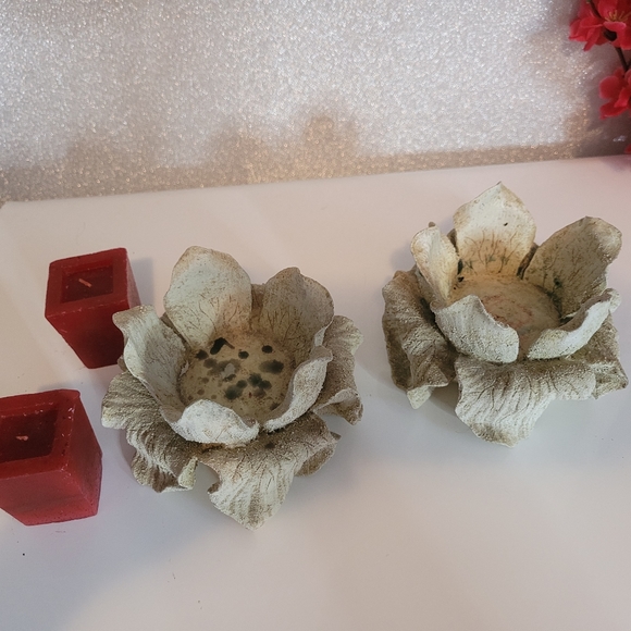 Two Stone (or pretend stone?) Candle Holders and Red Candles - Picture 3 of 3